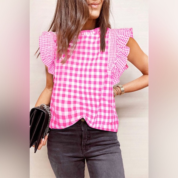Ruffled Plaid Mock Neck Cap Sleeve Blouse - Picture 2 of 11